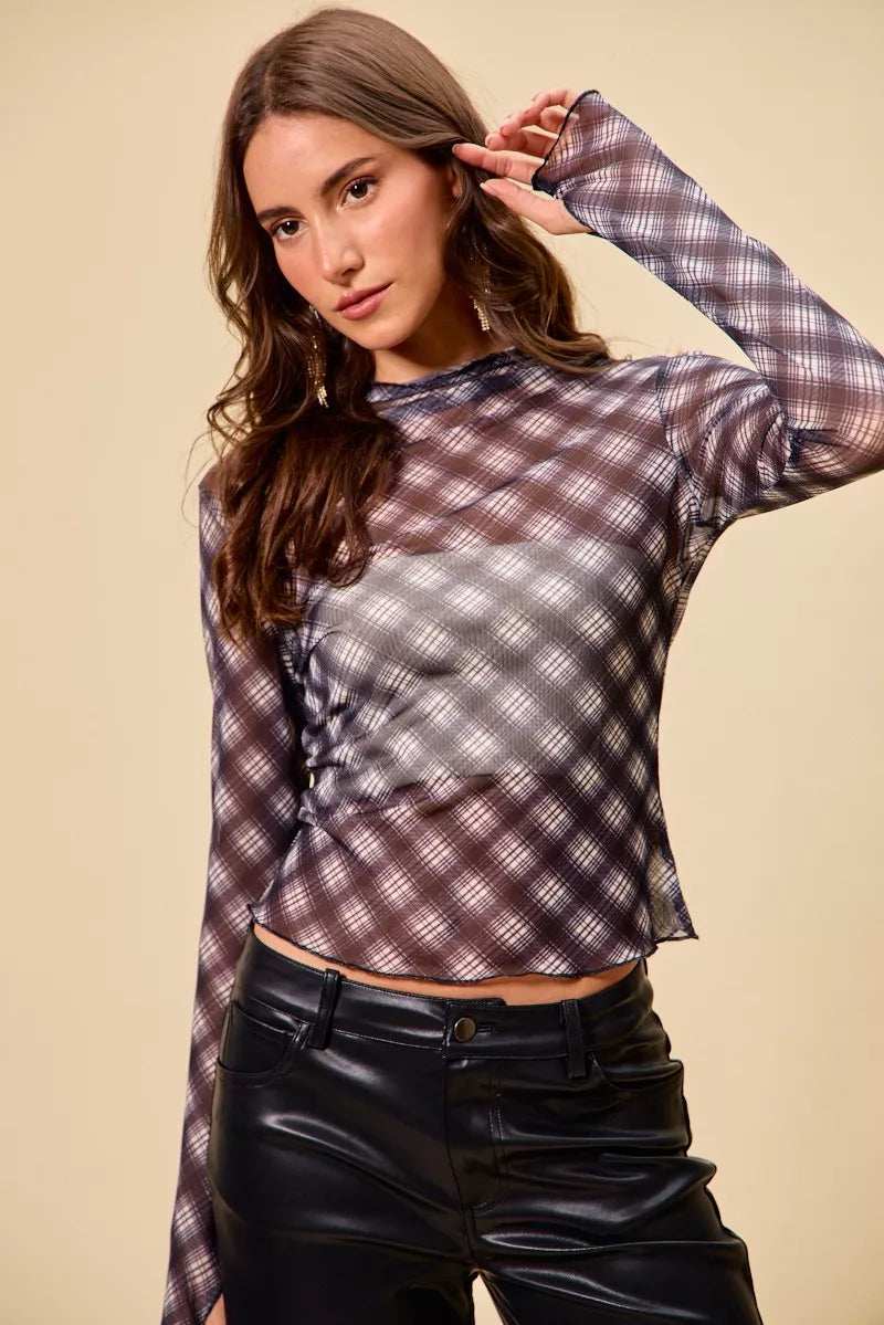 SO ME Plaid Mesh Knit Long Sleeve Top with Thumb Opening - Trendsi - Flyclothing LLC