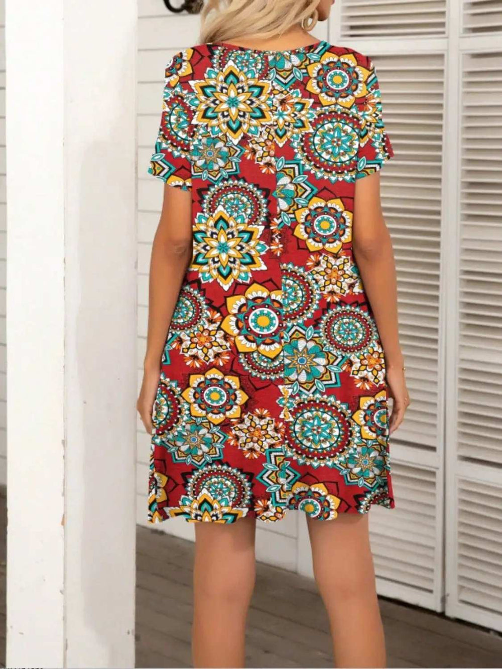 Pocketed Printed Round Neck Short Sleeve Mini Dress - Trendsi - Flyclothing LLC