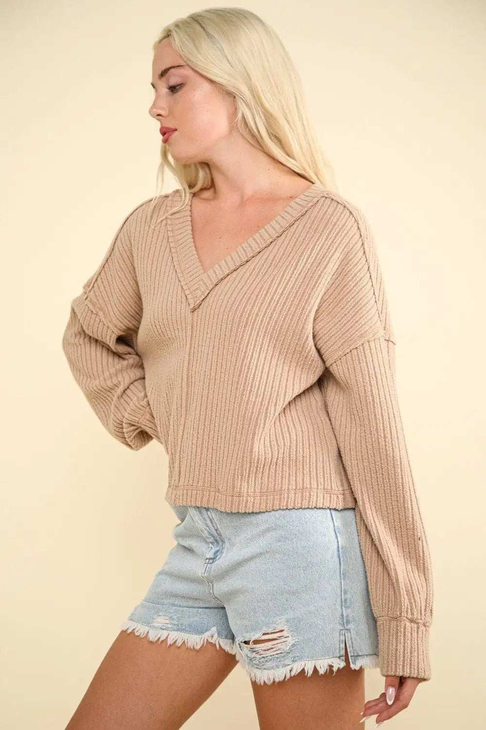 VERY J Exposed Seam V-Neck Ribbed Knit Top - Trendsi - Flyclothing LLC