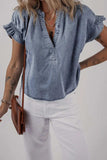 V Neck Ruffled Short Puff Sleeve Denim Top - Trendsi - Flyclothing LLC