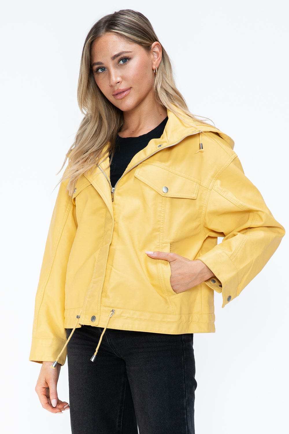 How Dare U Drawstring Hem PU Leather Zip Up Jacket - Trendsi - Flyclothing LLC