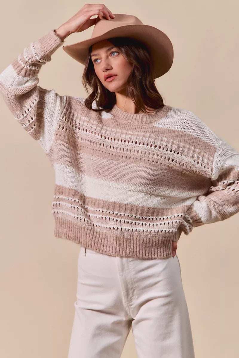 SO ME Variegated Stripe Textured Loose Fit Sweater - Trendsi - Flyclothing LLC