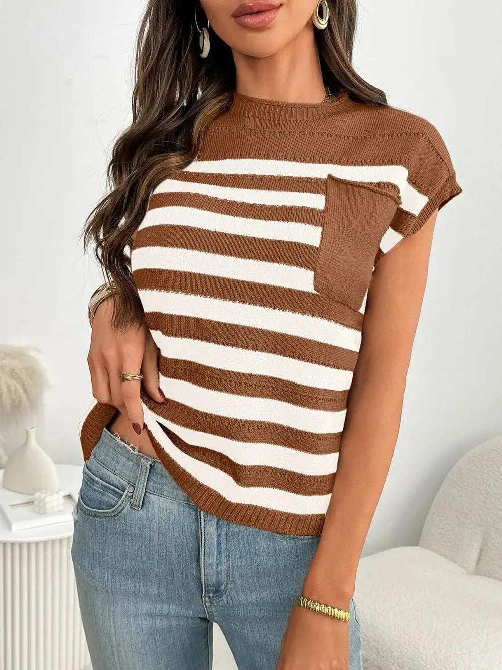 Striped Mock Neck Cap Sleeve Knit Top - Trendsi - Flyclothing LLC