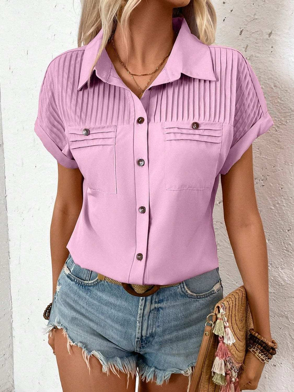Pleated Detail Collared Neck Short Sleeve Shirt - Trendsi - Flyclothing LLC
