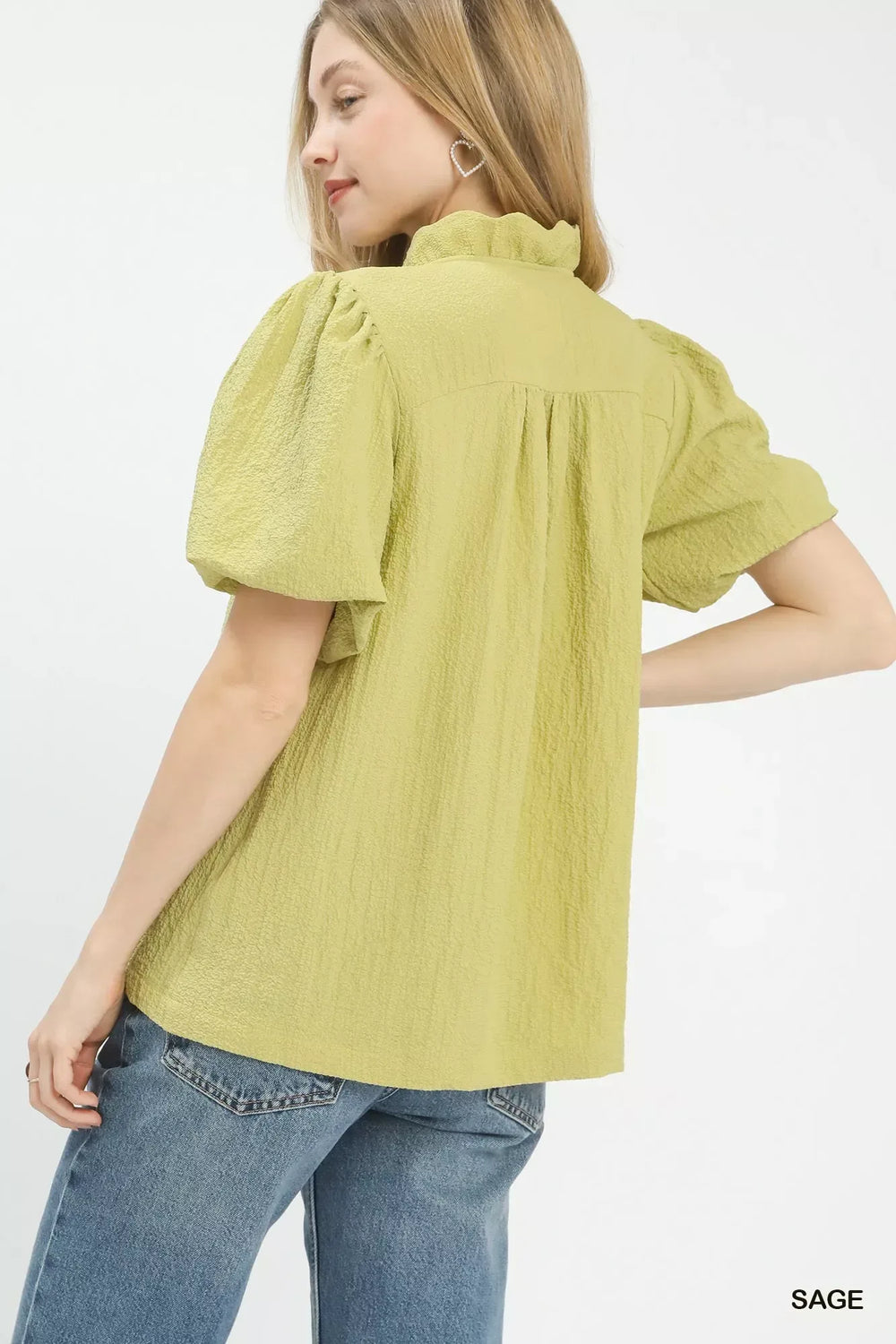 Umgee Seersucker Puff Sleeve Blouse - Trendsi - Flyclothing LLC