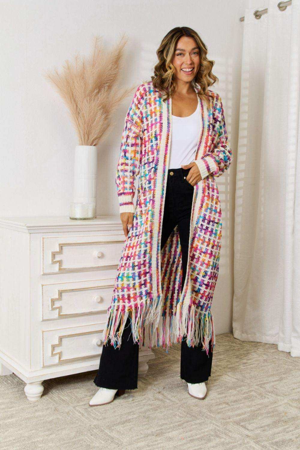 Multicolored Open Front Fringe Hem Cardigan - Trendsi - Flyclothing LLC
