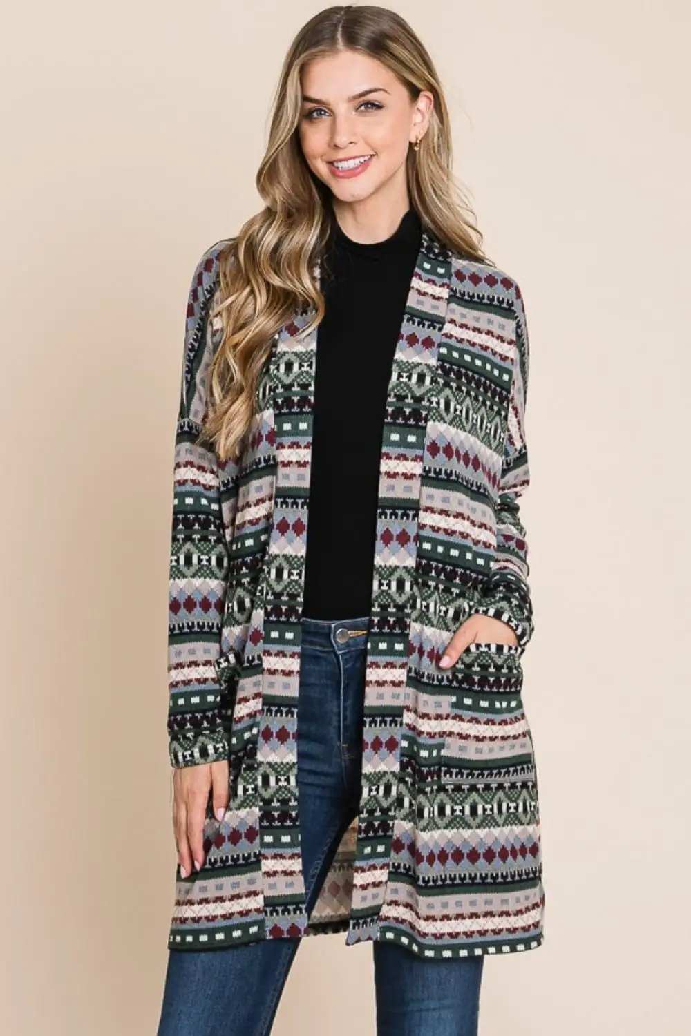 BOMBOM Geometric Open Front Long Sleeve Cardigan with Pockets - Trendsi - Flyclothing LLC