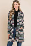 BOMBOM Geometric Open Front Long Sleeve Cardigan with Pockets - Trendsi - Flyclothing LLC