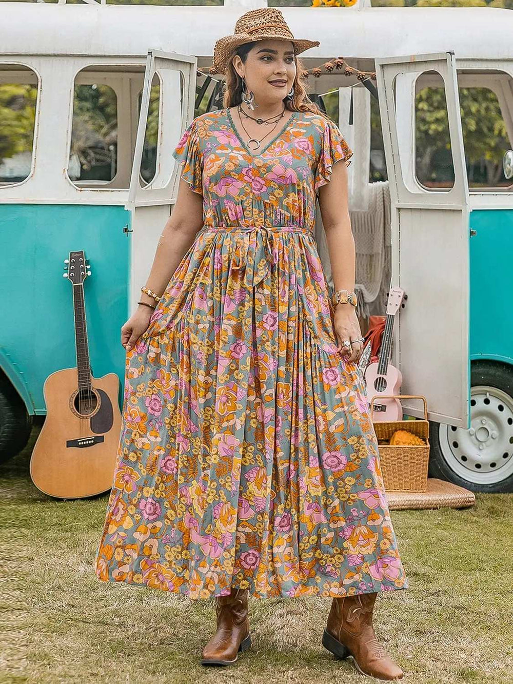 Plus Size Ruffled Printed Cap Sleeve Dress - Trendsi - Flyclothing LLC