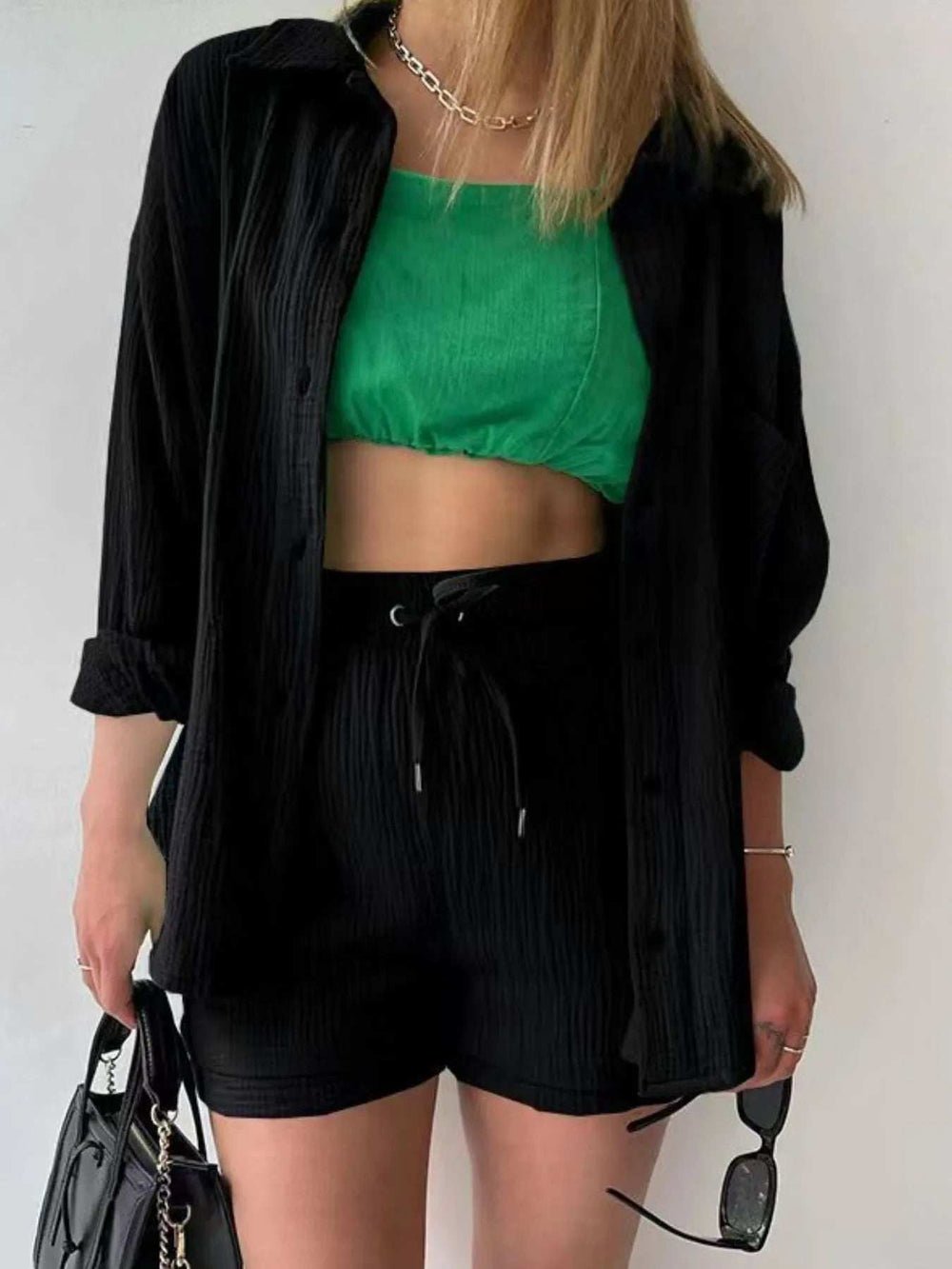 Textured Button Up Shirt and Shorts Set - Trendsi - Flyclothing LLC