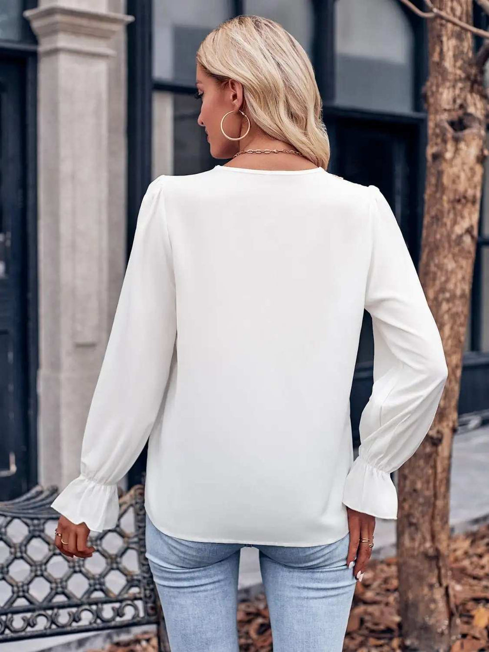 Ruffled V-Neck Flounce Sleeve Blouse - Trendsi - Flyclothing LLC