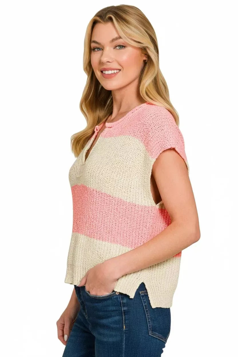 Zenana Split Neck Sleeveless Stripe Sweater - Trendsi - Flyclothing LLC