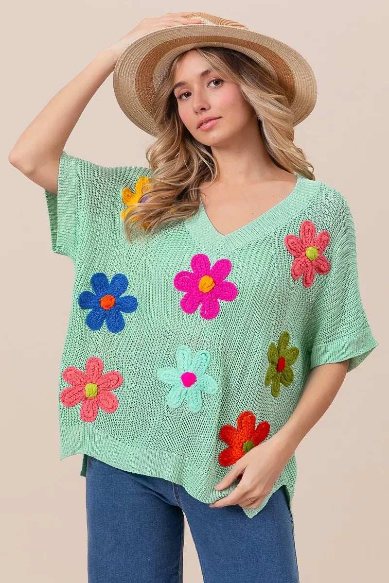 BiBi Flower Patches Dolman Sleeve Lightweight Sweater - Trendsi - Flyclothing LLC