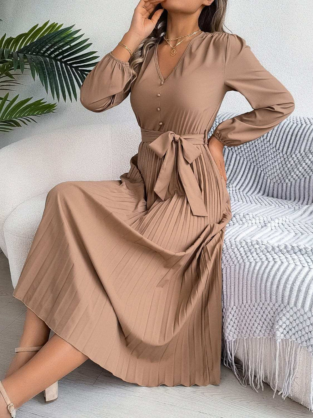 Pleated Tied V-Neck Long Sleeve Dress - Trendsi - Flyclothing LLC