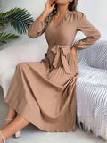 Pleated Tied V-Neck Long Sleeve Dress - Trendsi - Flyclothing LLC