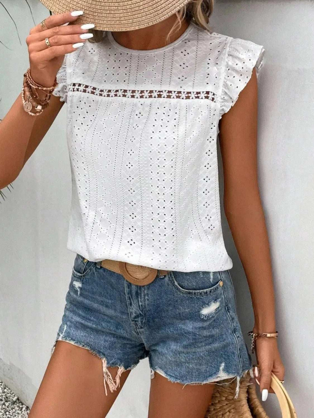 Eyelet Round Neck Cap Sleeve Top - Trendsi - Flyclothing LLC