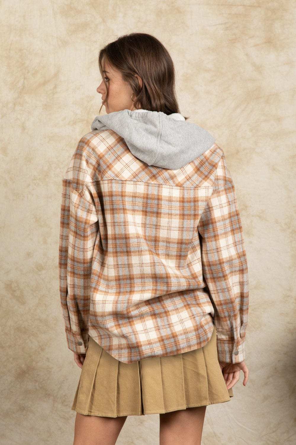 Drawstring Plaid Long Sleeve Hooded Jacket - Trendsi - Flyclothing LLC