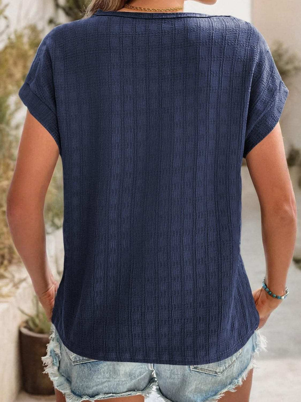 Textured Round Neck Short Sleeve Top - Trendsi - Flyclothing LLC