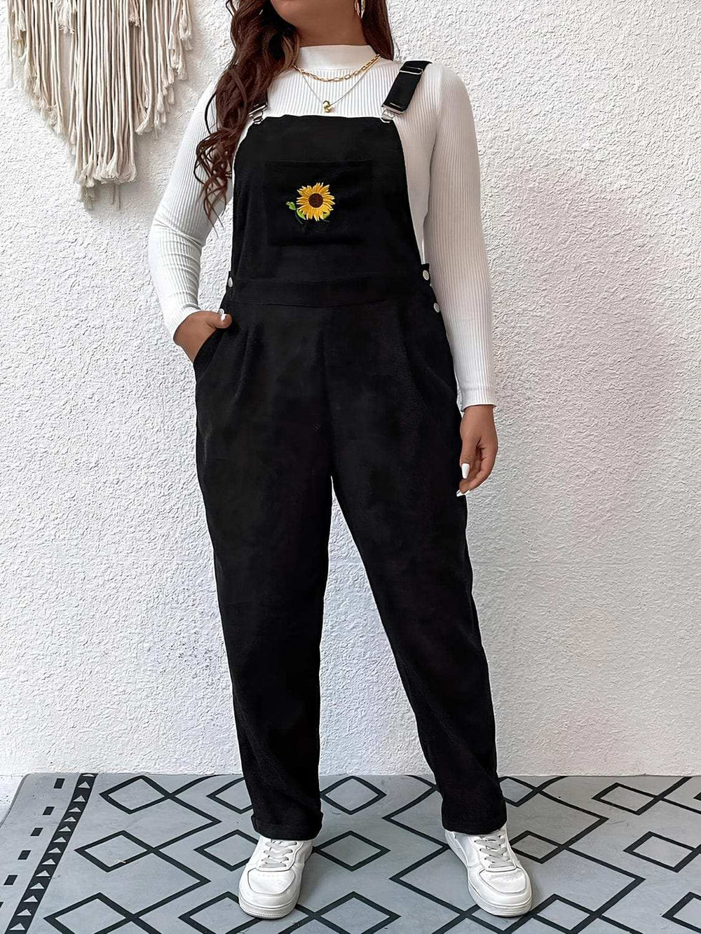Embroidered Sunflower Wide Strap Overalls with Pockets - Trendsi - Flyclothing LLC