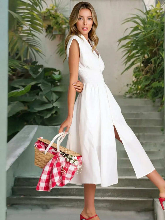 Smocked Zip Front Cap Sleeve Dress - Trendsi - Flyclothing LLC