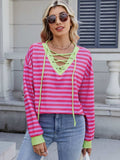 Lace-Up Striped Long Sleeve T-Shirt - Trendsi - Flyclothing LLC