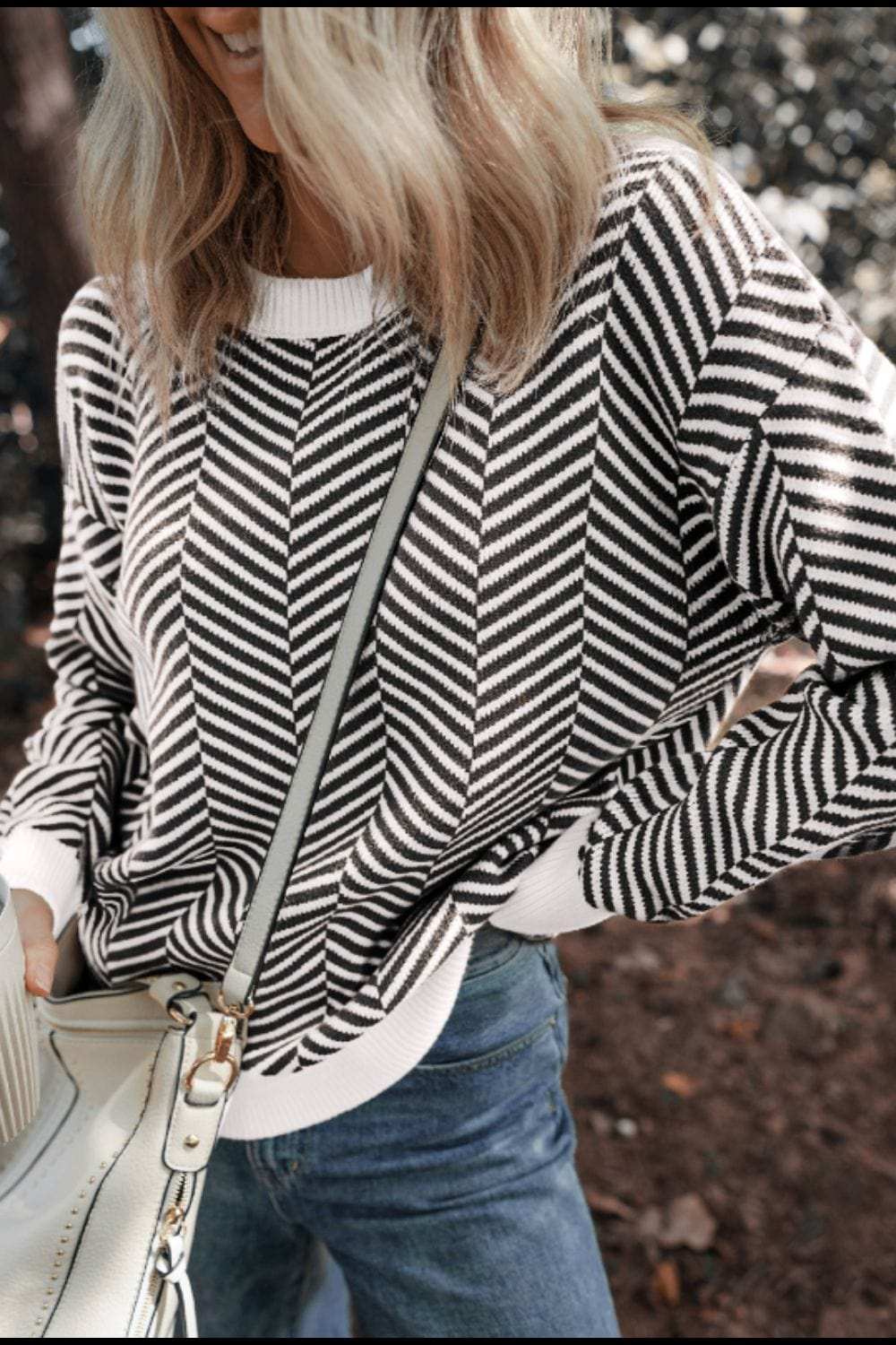 Striped Round Neck Long Sleeve Sweater - Trendsi - Flyclothing LLC
