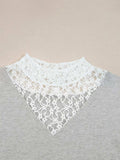 Button Keyhole Lace Patchwork Drop Shoulder Sweater - Trendsi - Flyclothing LLC