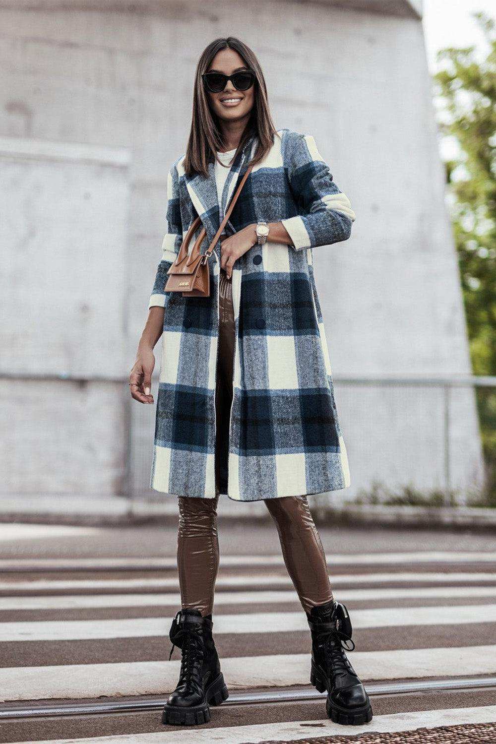 Double Take Full Size Plaid Button Up Lapel Collar Coat - Trendsi - Flyclothing LLC