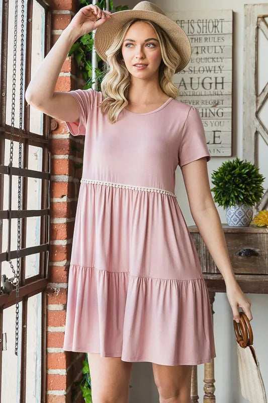 Heimish Full Size Solid Mini Tiered Dress with Pompom Lace Plus Size - Trendsi - Flyclothing LLC