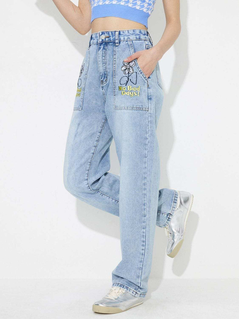 Flower High Rise Straight Leg Jeans with Pockets - Trendsi - Flyclothing LLC