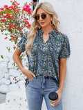 Ruched Printed Notched Short Sleeve Blouse - Trendsi - Flyclothing LLC