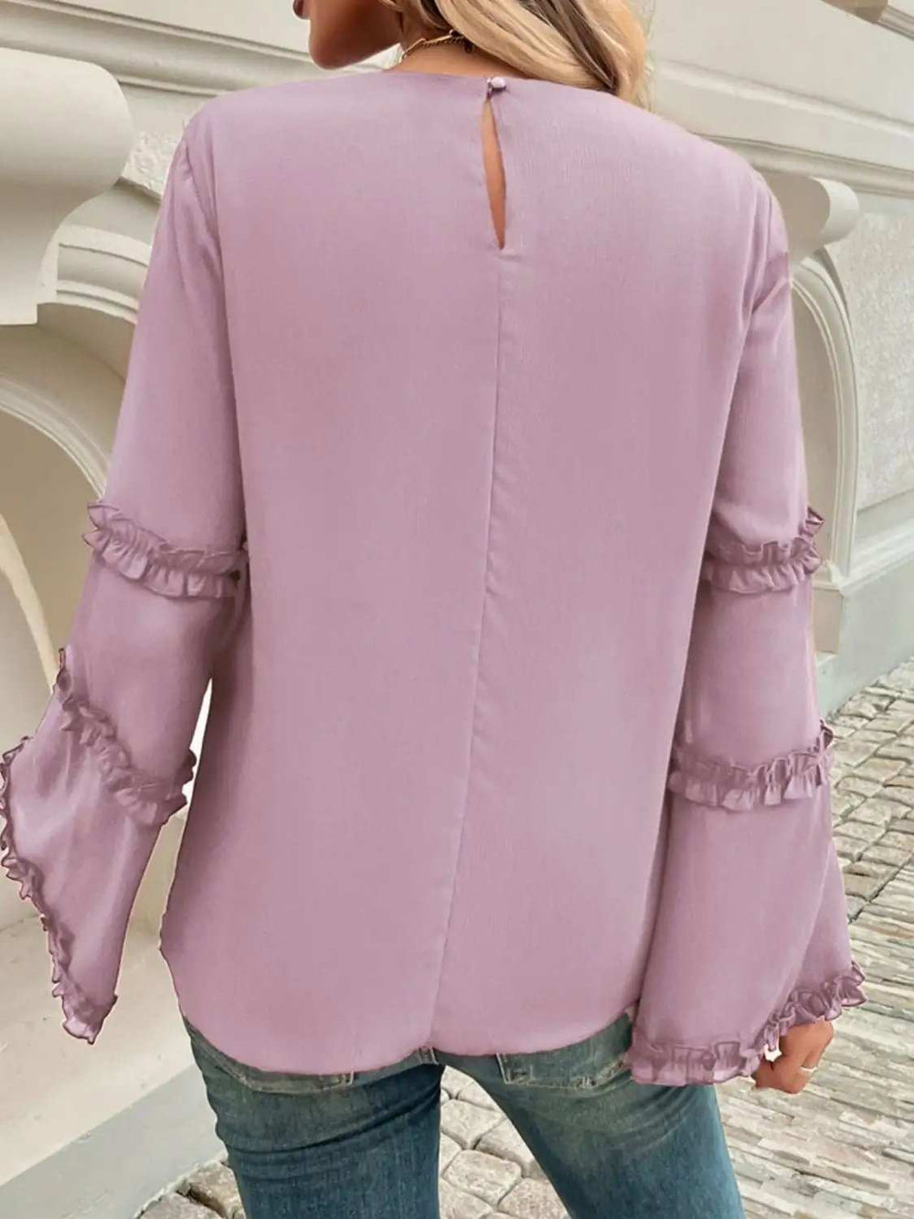 Devine Frill Round Neck Long Sleeve Top - Trendsi - Flyclothing LLC