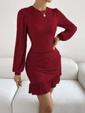 Ruffled Round Neck Long Sleeve Mini Dress - Trendsi - Flyclothing LLC