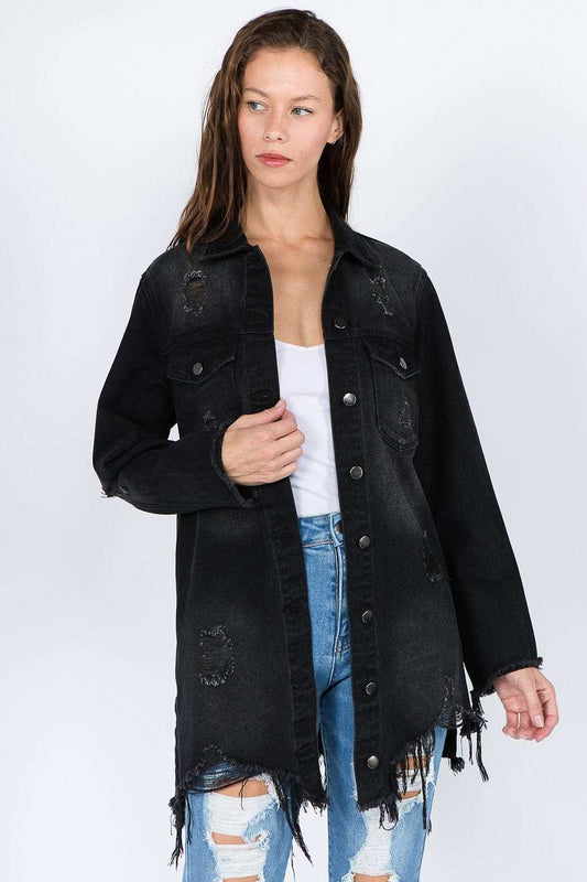 American Bazi Distressed Frayed Hem Denim Jacket - Trendsi - Flyclothing LLC
