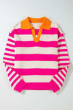 Contrast Stripes Johnny Collar Long Sleeve Sweater - Trendsi - Flyclothing LLC