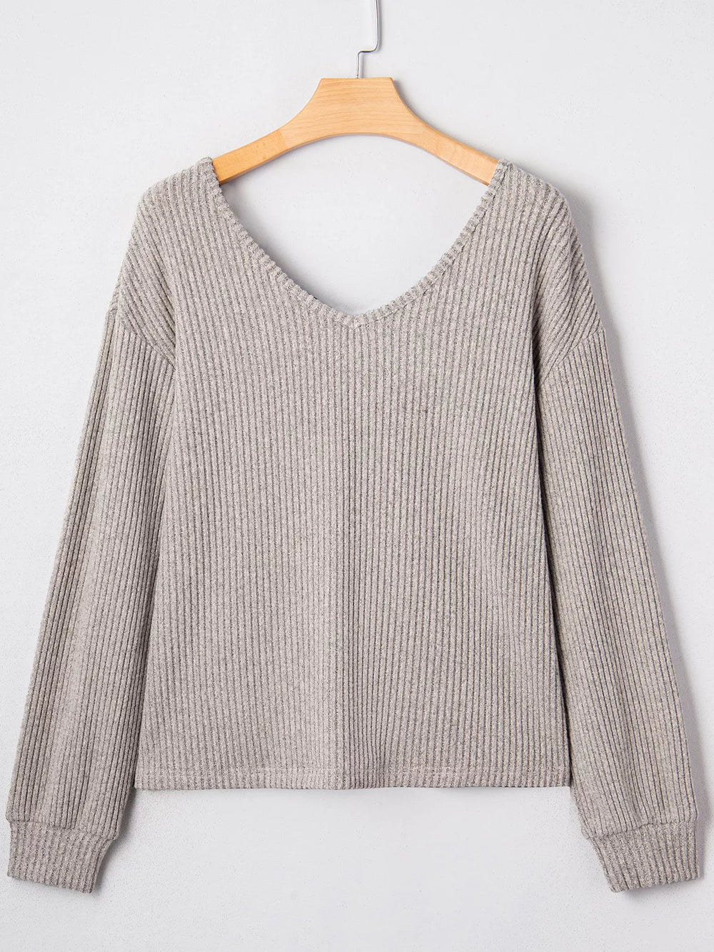 Ribbed V Neck Contrast Ribbon Bow Back Drop Shoulder Long Sleeve Top - Trendsi - Flyclothing LLC