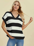 Double Take Full Size Striped V-Neck Short Sleeve Sweater - Trendsi - Flyclothing LLC