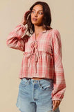SO ME Front Tie Checkered Plaid Blouse - Trendsi - Flyclothing LLC
