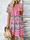 Printed Tie Neck Short Sleeve Dress - Trendsi - Flyclothing LLC