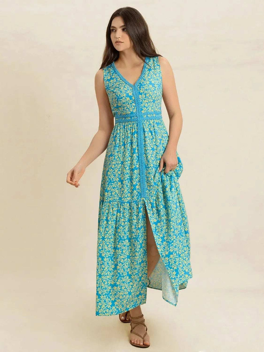 Slit Printed V-Neck Sleeveless Dress - Trendsi - Flyclothing LLC