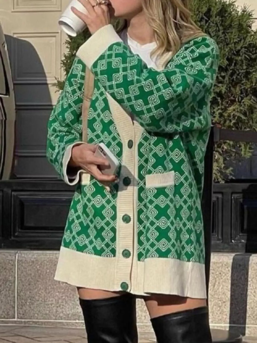 Geometric Pattern Button-Down Cardigan - Trendsi - Flyclothing LLC