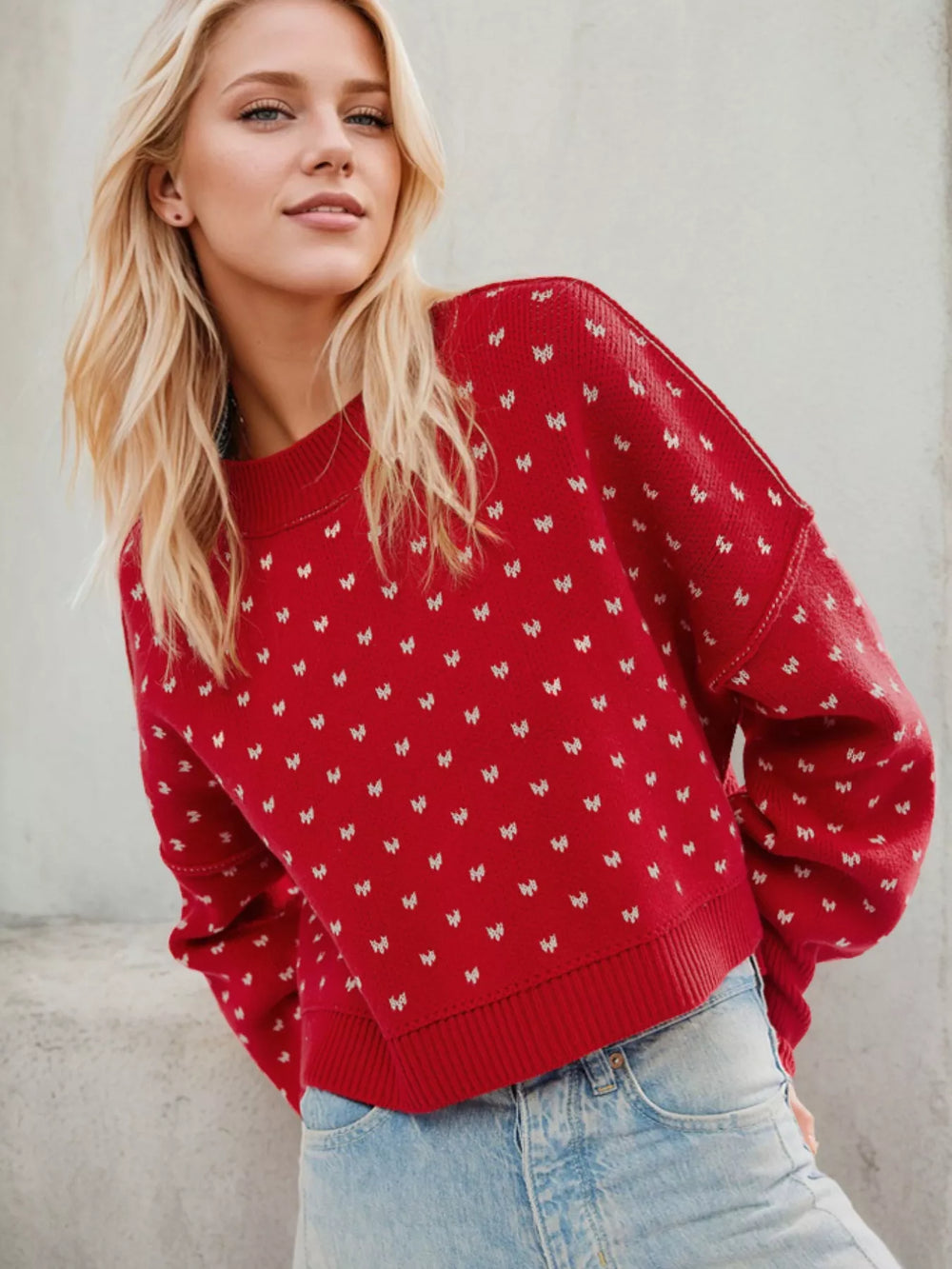 Heart-Patterned Round Neck Sweater - Trendsi - Flyclothing LLC