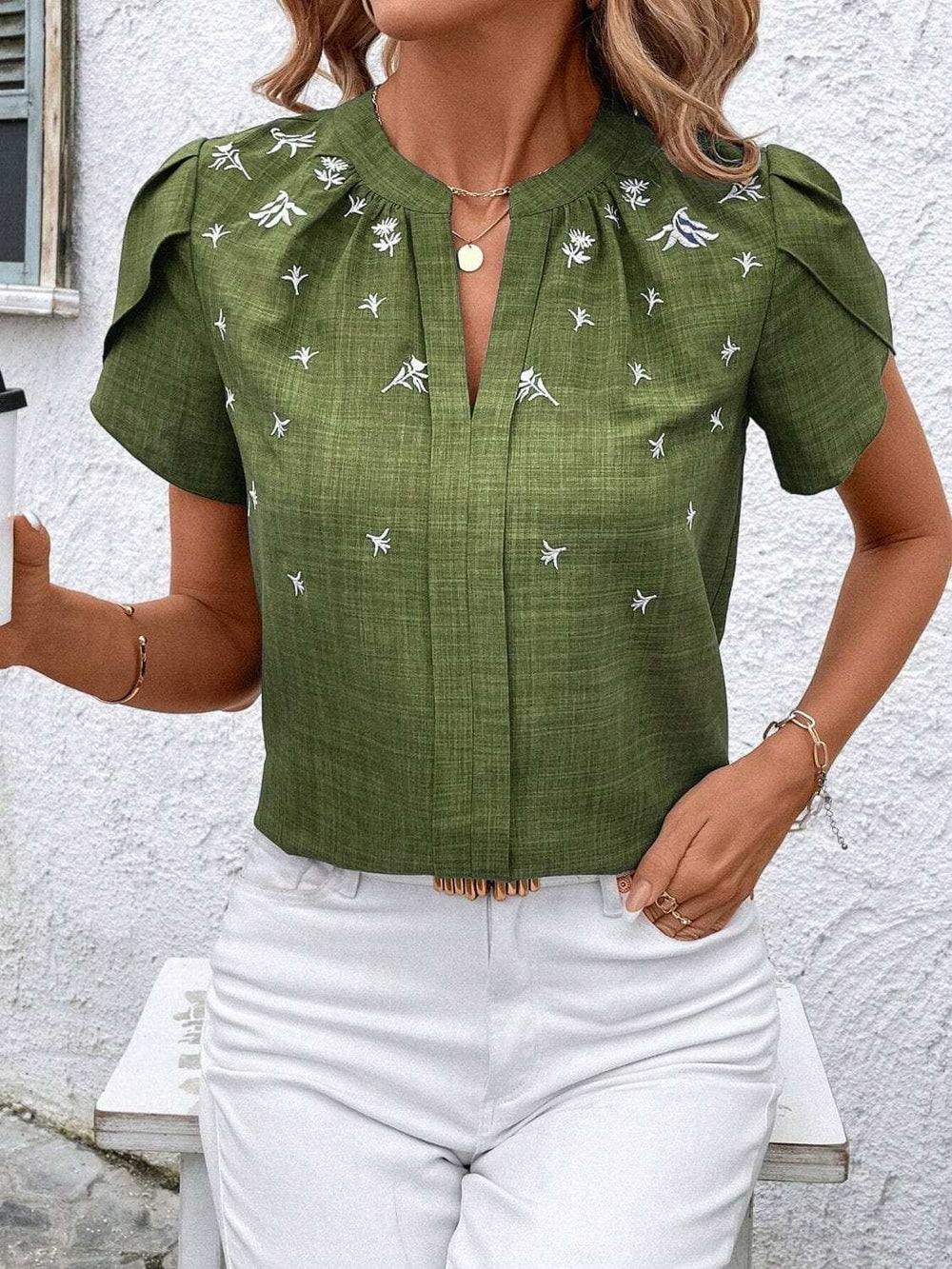 Floral Notched Short Sleeve Blouse - Trendsi - Flyclothing LLC