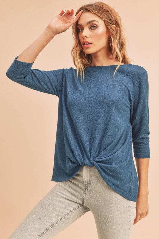Aemi + Co Twist Front Round Neck 3/4 Sleeve T-Shirt - Trendsi - Flyclothing LLC