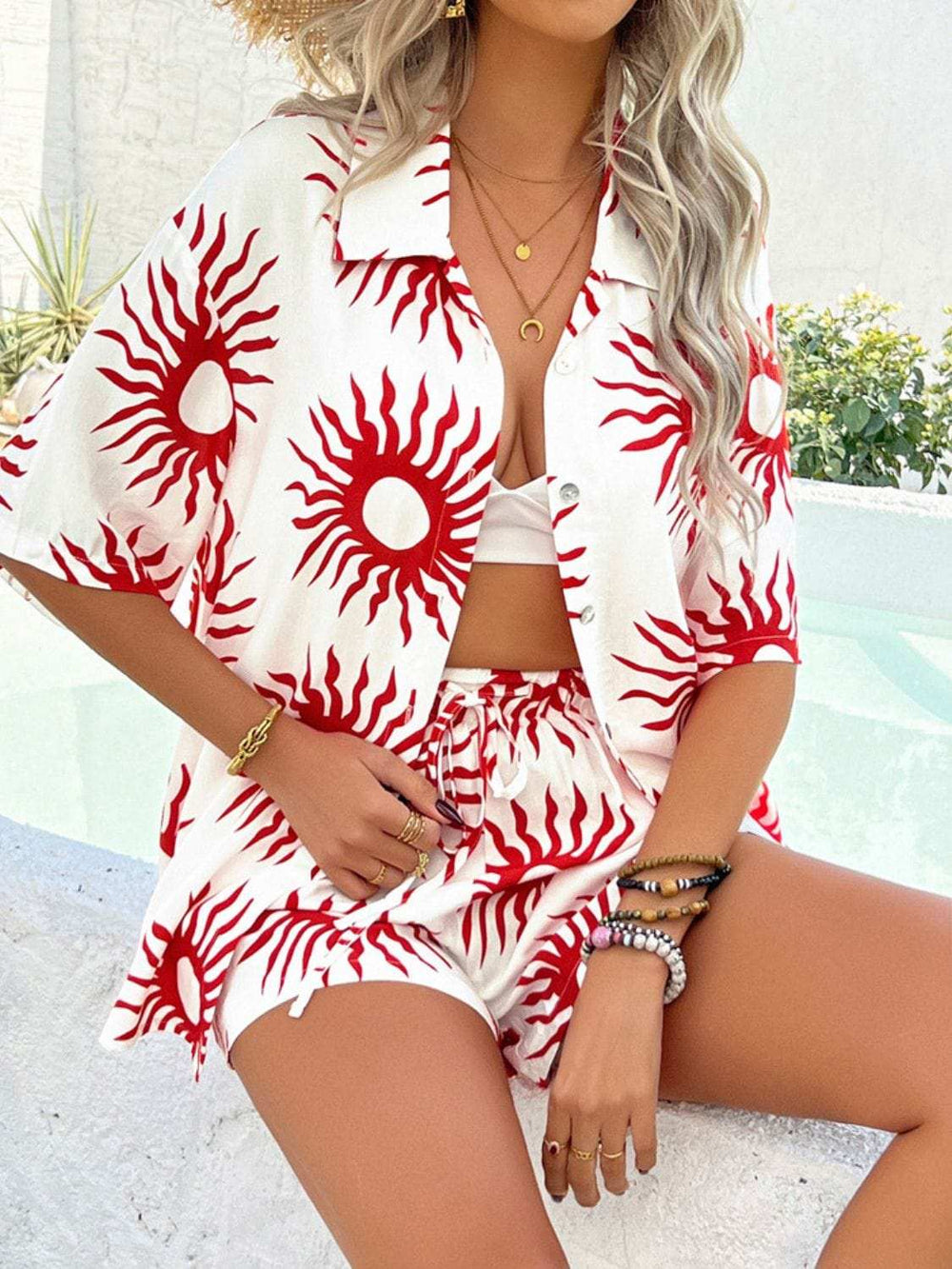 Devine Printed Collared Neck Half Sleeve Top and Shorts Set - Trendsi - Flyclothing LLC