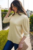 Textured Mock Neck Three-Quarter Sleeve Top - Trendsi - Flyclothing LLC