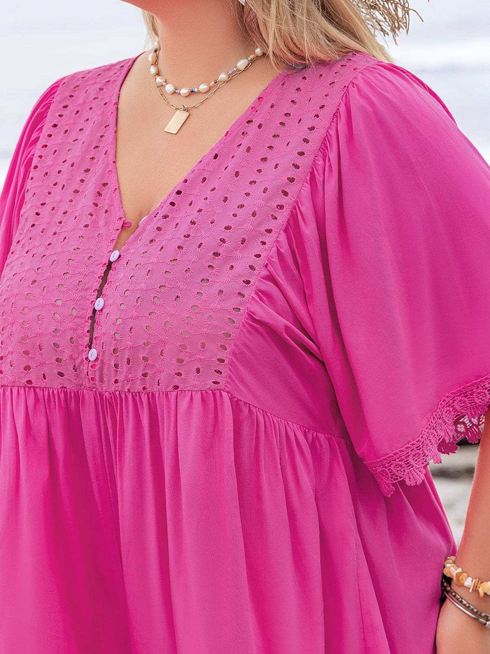 Plus Size Lace Detail V-Neck Half Sleeve Romper - Trendsi - Flyclothing LLC