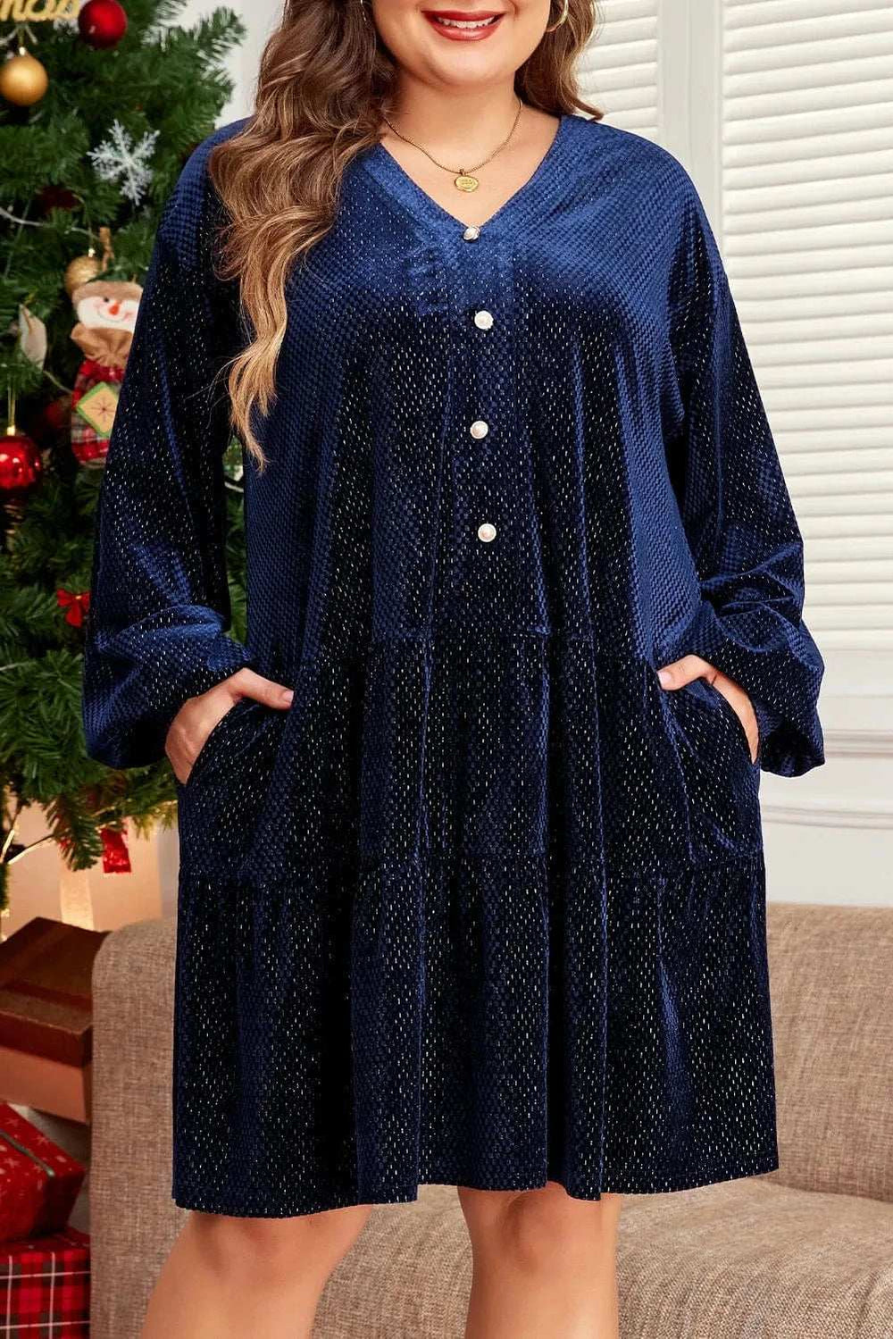 Plus Size Textured Velvet Decorative Button Long Sleeve Dress - Trendsi - Flyclothing LLC