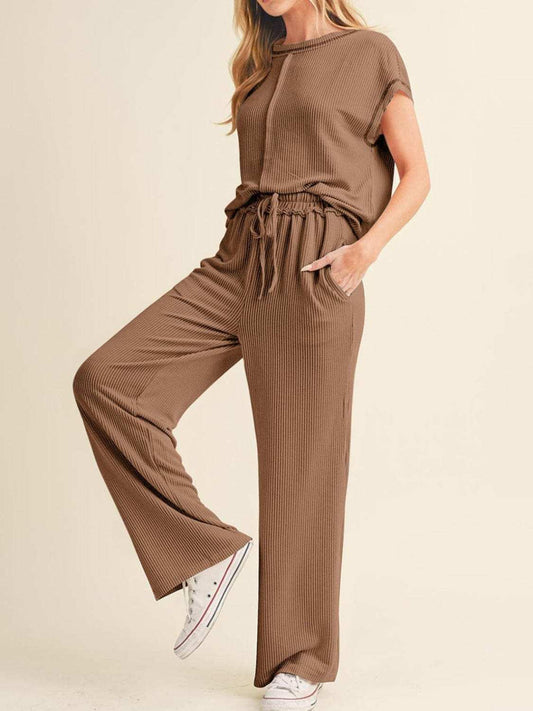 Ribbed Exposed Seam Top and Pants Set - Trendsi - Flyclothing LLC