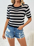 Openwork Striped Round Neck Short Sleeve Knit Top - Trendsi - Flyclothing LLC